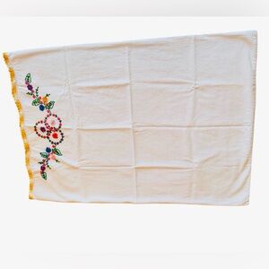 VINTAGE SHABBY CHIC Floral Hand Embroidered White Cotton Pillowcase Lace Trim